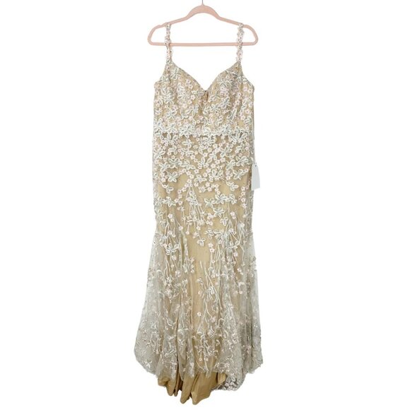 NWT Mac Duggal Floral Embroidered Tulle Trumpet Gown Nude Multi 14 #9507 - Picture 3 of 8